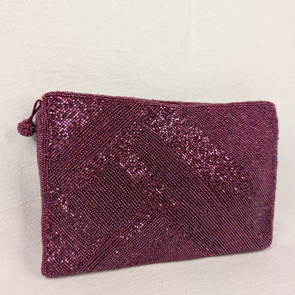 Vintage Genie Beaded Clutch Purse Plum Burgundy Glass Seed Bead Evening Womens